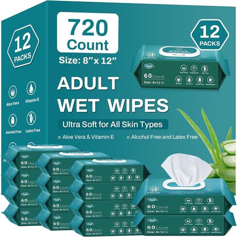 720 Count (12 Packs of 60) Wipes for Adults, 8" x 12" Extra Large Wipes for Incontinence & Cleansing, Body Wipes Bath Wipes - Disposable Shower Wipes for Elderly Bathing No-Rinse - Vitamin E & Aloe in Saudi Arabia
