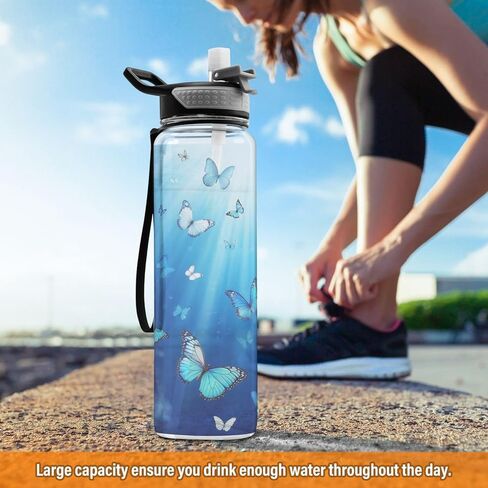 زجاجة ماء مع الأقواس الكرتونية القش ، الزجاجات الرياضية الزرقاء الشريط الأزرق BPA خالية من تريتان مياه ، مع حزام حمل للنساء صالة الألعاب الرياضية in Kuwait