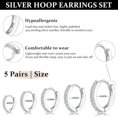925 Sterling Silver Hoop Earrings 4-5 Pairs Cubic Zirconia Silver Hoop Earrings Hypoallergenic Silver Hoop Earring for Women Small Cartilage Sleepers Huggie Earrings Sets 8/10/12/14/16mm in Saudi Arabia