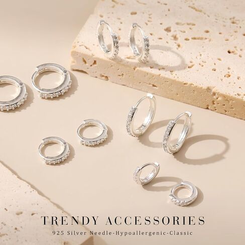 925 Sterling Silver Hoop Earrings 4-5 Pairs Cubic Zirconia Silver Hoop Earrings Hypoallergenic Silver Hoop Earring for Women Small Cartilage Sleepers Huggie Earrings Sets 8/10/12/14/16mm in Saudi Arabia