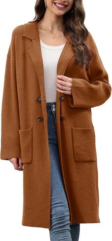 سترة صوفية نسائية طويلة للخريف من Alaster Queen سترة مفتوحة من الأمام ومزدوجة الصدر سترة أنيقة مع جيوب in Kuwait