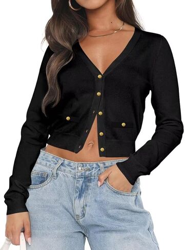LEEDYA Women's Long Sleeve Cardigan Open Front Knit Cropped Sweaters Fall Color Block Button Down V Neck Lightweight Tops in Kuwait