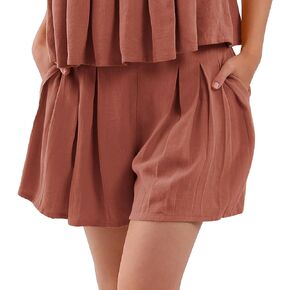 Amazhiyu Women's Linen Summer Casual Flowy High-Waist Pleated Shorts with Pocket