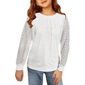 AEJENNIO Girls Long Sleeve Shirts Casual Crewneck Blouses Tops Cotton Girls Shirts with Lace Sleeve Tunics 9-14 Years