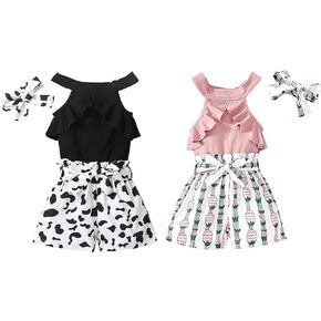 Agitation Girls Summer Sets with Cold Shoulder T-shirt Elastic Paperbag Waist Shorts Headband 3pcs with 2 Sets Gifts for Kids