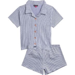 Vince Camuto Girls' Shorts Set - 2 Piece Knit Seersucker Button Down Shirt and Shorts - Cute Summer Outfit for Girls (7-12)