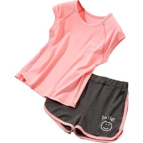 أطقم ملابس رياضية قصيرة للفتيات من HH Family مع شورتات رياضية وقمصان للتمرين، مجموعات ملابس رياضية سريعة الجفاف للأعمار من 6 إلى 13 عامًا in Kuwait