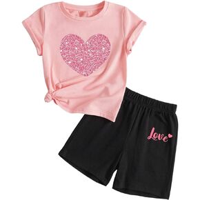 Floerns Girl's 2 Piece Outfit Heart Printed Short Sleeve T Shirt with Shorts Set