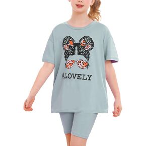 EuquixZeph Girl 2 Piece Outfits Toddler Girl Clothes Oversized Short Sleeve T Shirt Active Running Bike Short Sets 5-12Y