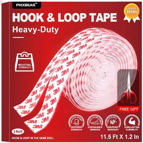 Industrial Strength Hook and Loop Tape Heavy Duty Waterproof, Outdoor Mounting Tape Fasteners with Strong Adhesive(Made of 3M), Holds 20 Lbs, Perfect for Home Office Classroom, 11.5 Ft X 1.2 in White