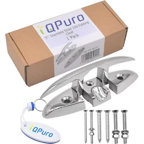 QPURO 5" Premium Stainless Steel Folding Boat Cleats 5 inch - Flip-up Dock Cleat for Boat and Deck - Marine Grade 316 Stainless Steel with Fasteners - (1,2,4 Pack)