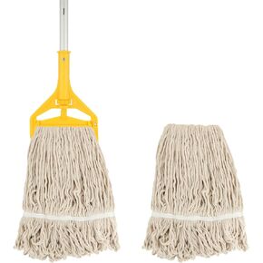 WOPPLXY Looped-End String Wet Cotton Mops, Heavy Duty Industrial Commercial Mop with Extra Mop Head Replacement, 75 Inch Aluminium Alloy Pole, Wet Mop for Floor Cleaning