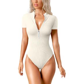 OQQ Bodysuits For Women Sexy Ribbed One Piece Short Sleeve Bodysuits