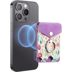 TopFunny Card Holder for MagSafe Wallet with Ring for iPhone 15/14/13/12 Series, Strong Magnetic Card Holder Flowers Wallet Fit 5 Cards Sleeve Pocket Floral Black