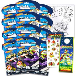 Hot Wheels Imagine Ink Coloring Book Set for Kids - 12 Pack No-Mess Magic Ink Hot Wheels Race Car Coloring Books with Rex-Man Stickers and Door Hanger (Hot Wheels Party Supplies Party Favors Bundle)