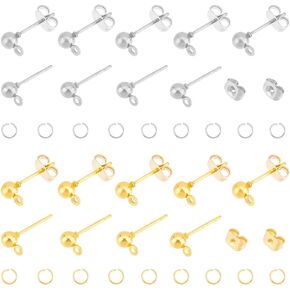UNICRAFTALE 100 Sets Ball Stud Earring Findings Gunmetal Ball Post Stud Earring Metal DIY Earring Accessories with Jump Rings and Ear Nuts 6.5mm Round Ball Earring for Women Drop Earring Making