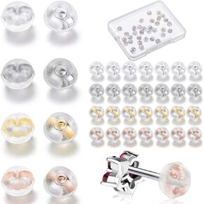 Hicarer 40Pcs 18k White Gold Silicone Earring Backs Replacements Locking Secure Earring Backs for Studs with 1 Storage Box Soft Silver Earring Stoppers for Adults(Gold, Silver)
