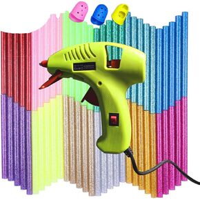 NEX&CO Kids Mini Hot Glue Gun with 60 Pack Colored Glue Sticks - Melting Adhesive Glue Gun Kit for Small Arts Craft Projects with Finger Protectors - Safety Low Temp On Off Switch LED Indicator Green