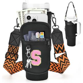 LOKASS Initial Water Bottle Holder with Strap for Stanley 40oz Tumbler Accessories, A-Z Personalized Water Bottle Carrier Bag with Phone Pocket for Stanley Cup Pouch