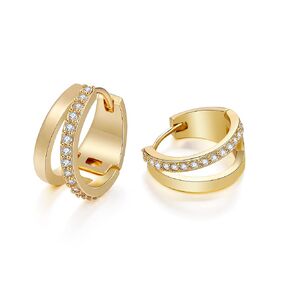 Enticera 14k Gold Plated CZ Hoop Earrings for Women Girls Hypoallergenic Cubic Zirconia Handmade Double Hoop Earrings Small Huggie Earrings White CZ