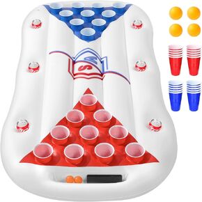 JAZGROM Inflatable Beer Pong Floaty for Pool,3 in 1 Pool Lounge Raft Pong Table Float with 20 Cups & 4 Ping Pong,Pool Party Games Toys for Adults and Family,6 Feet