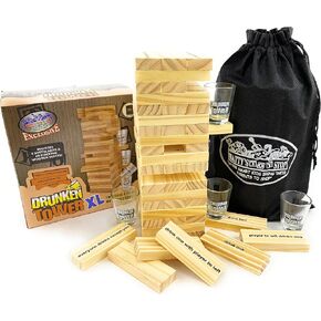 Mɑtty's Toy Stop Deluxe 60pc XL Wood Drunken Tower The Grab A Piece Drinking Game with Shot Glasses & Storage Bag
