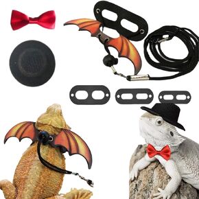 Bearded Dragon Leash Harness, 3 Size Pack Leather Wing Lizard Harness with Hat & Bow Tie Collar for Bearded Dragon Lizard Reptiles Small Pets Photo Props (Black)