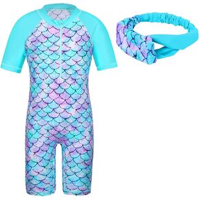 TFJH E 2 Piece Girls Swimsuits Match Headband UV 50+ Rashguard Sunsuits Bathing Suits with Hairband Zipper
