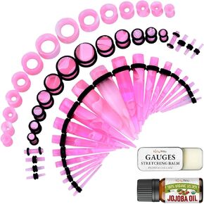 BodyJ4You 48PC Ear Stretching Kit 14G-00G - Aftercare Jojoba Oil Balm Wax - Marble Pink Acrylic Plugs Gauge Tapers Silicone Tunnels - Lightweight Expanders Men Women