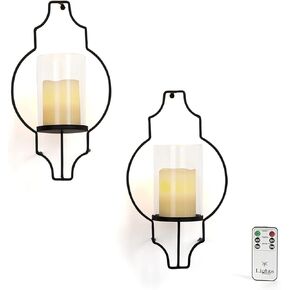 LampLust Flameless Candle Wall Sconces - Glass Hurricane Holders with Flickering LED Pillar Candles, Warm White Light, Black Metal Frame, Battery Operated, Remote Included, Set of 2