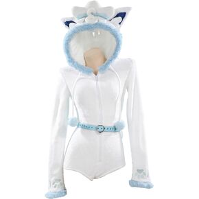 Mobbunny Women's Anime Cosplay Costume Fluffy Romper Onesie Pajamas White Blue Furry Hooded Bodysuit Bodycon Sleepwear
