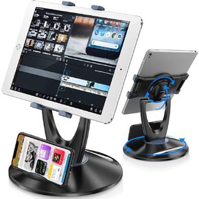 DeskLogics iPad Stand for Desk, Tablet Holder - 6 inch to 13 inch - Stable, Adjustable - 360° Swivel Angle Pen Phone iPad Stand for Store, Retail Kiosk, Reception, Home Office, Gift Ideas - White