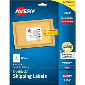 ملصقات عنوان الشحن من Avery، طابعات نفث الحبر، 150 ملصقًا، ملصقات 3-1/3×4، لاصق دائم، TrueBlock، ملصقات عناوين بيضاء وبريدية، طابعات ليزر ونفث الحبر، 300 ملصق، 1 × 2-5/8، أبيض