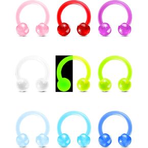 OUFER 9PCS Glow In The Dark Flexible Acrylic Septum Retainer Piercing, Horseshoe Circular Barbells, 16G Septum Rings, Helix Cartilage Daith Conch Piercing Jewelry, Piercing Retainers for Women Men