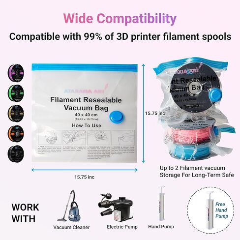 Ataraxia Art Filament Storage Bag Kit 21pcs,3D Printer Filament Storage Vacuum Compression 5 Bags,1 Bag Can Store 2 Spools, Box with 5 Storage Bag/Desiccant/Humidity Indicator Cards/Clips/Hand Pump in Saudi Arabia