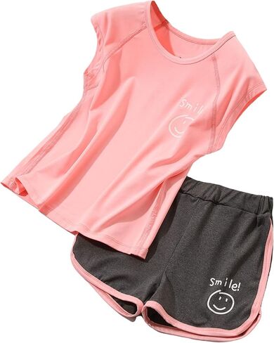 أطقم ملابس رياضية قصيرة للفتيات من HH Family مع شورتات رياضية وقمصان للتمرين، مجموعات ملابس رياضية سريعة الجفاف للأعمار من 6 إلى 13 عامًا in Kuwait