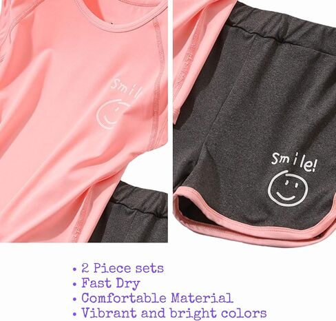 أطقم ملابس رياضية قصيرة للفتيات من HH Family مع شورتات رياضية وقمصان للتمرين، مجموعات ملابس رياضية سريعة الجفاف للأعمار من 6 إلى 13 عامًا in Kuwait