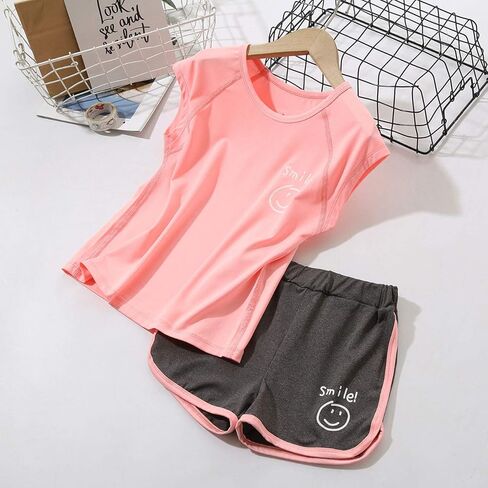 أطقم ملابس رياضية قصيرة للفتيات من HH Family مع شورتات رياضية وقمصان للتمرين، مجموعات ملابس رياضية سريعة الجفاف للأعمار من 6 إلى 13 عامًا in Kuwait