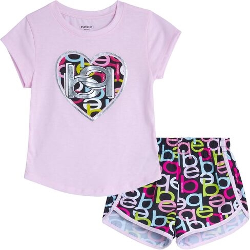 bebe Girls' Active Shorts Set - 2 Piece Short Sleeve T-Shirt and Dolphin Shorts - Cute Summer Clothing Set for Girls (4-12) in Saudi Arabia