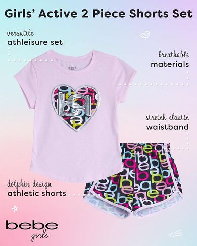 bebe Girls' Active Shorts Set - 2 Piece Short Sleeve T-Shirt and Dolphin Shorts - Cute Summer Clothing Set for Girls (4-12) in Saudi Arabia