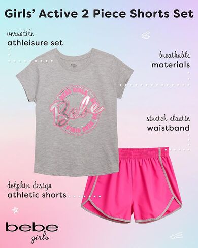 bebe Girls' Active Shorts Set - 2 Piece Short Sleeve T-Shirt and Dolphin Shorts - Cute Summer Clothing Set for Girls (4-12) in Saudi Arabia