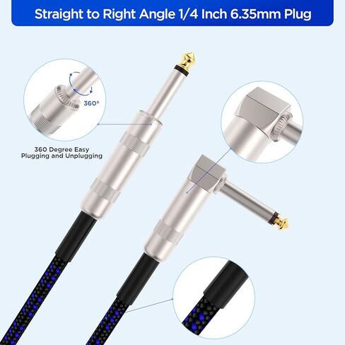 كابل جيتار DISENS 1/4 بوصة بطول 20 قدم، كابل أداة جيتار أمبير سلك مستقيم إلى الزاوية اليمنى 6.35 مم ذكر إلى ذكر كابل صوت ستيريو للجيتار الكهربائي، الجهير، مكبر الصوت، إلخ. in Kuwait