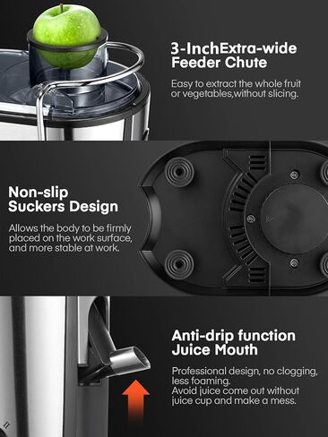 آلات عصارة، عصارة جويليست للفواكه والخضروات الكاملة بالطرد المركزي مع مجرى طعام بعرض 3 بوصة، مع وظيفة مضادة للتنقيط ومضادة للانزلاق، سرعتان، سهلة التنظيف، الوصفة متضمنة، مع فرشاة، 400 وات in Kuwait