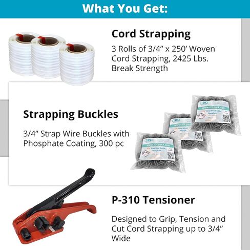 IDL Packaging - B-WCSK.34.250 3/4" x 250' Woven Cord Strapping Kit, 2425 lbs Break Strength. Polyester Cord Strapping Tensioner, Strapping Buckles and Woven Cord Strapping Roll in Saudi Arabia