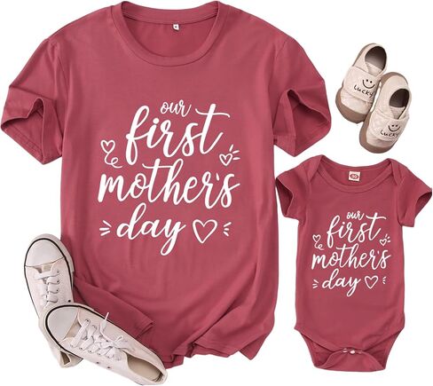 AG AGUU Our First Mothers Day Matching Outfit Mommy and Me Newborn Baby Boys Girls Romper Onesie New Mom Shirts for Women in Saudi Arabia