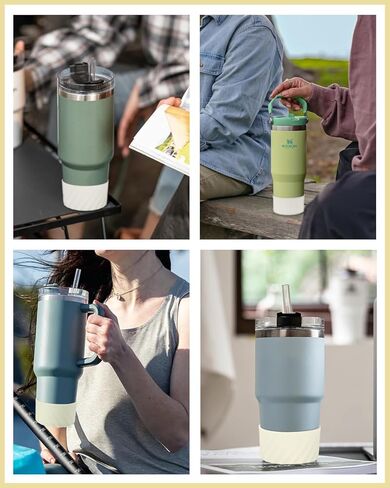 عبوتان ملونتان من السيليكون ذات أكمام كأس وأغطية سفلية تناسب كوب ستانلي كوينشر H2.0 سعة 40 أونصة 30 أونصة بمقبض، ستانلي آيس فلو فليب 20 أونصة 30 أونصة، زجاجة مياه قارورة مائية 12-24 أونصة in Kuwait