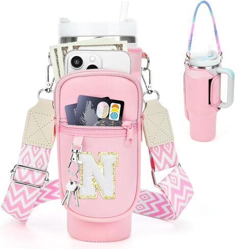 LOKASS Initial Water Bottle Holder with Strap for Stanley 40oz Tumbler Accessories, A-Z Personalized Water Bottle Carrier Bag with Phone Pocket for Stanley Cup Pouch in Saudi Arabia