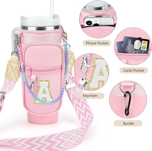 LOKASS Initial Water Bottle Holder with Strap for Stanley 40oz Tumbler Accessories, A-Z Personalized Water Bottle Carrier Bag with Phone Pocket for Stanley Cup Pouch in Saudi Arabia