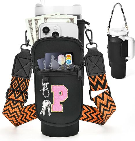 LOKASS Initial Water Bottle Holder with Strap for Stanley 40oz Tumbler Accessories, A-Z Personalized Water Bottle Carrier Bag with Phone Pocket for Stanley Cup Pouch in Saudi Arabia