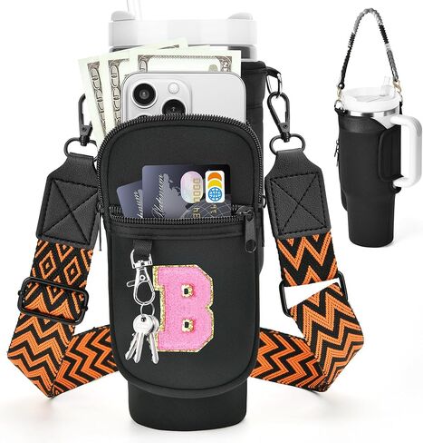 LOKASS Initial Water Bottle Holder with Strap for Stanley 40oz Tumbler Accessories, A-Z Personalized Water Bottle Carrier Bag with Phone Pocket for Stanley Cup Pouch in Kuwait